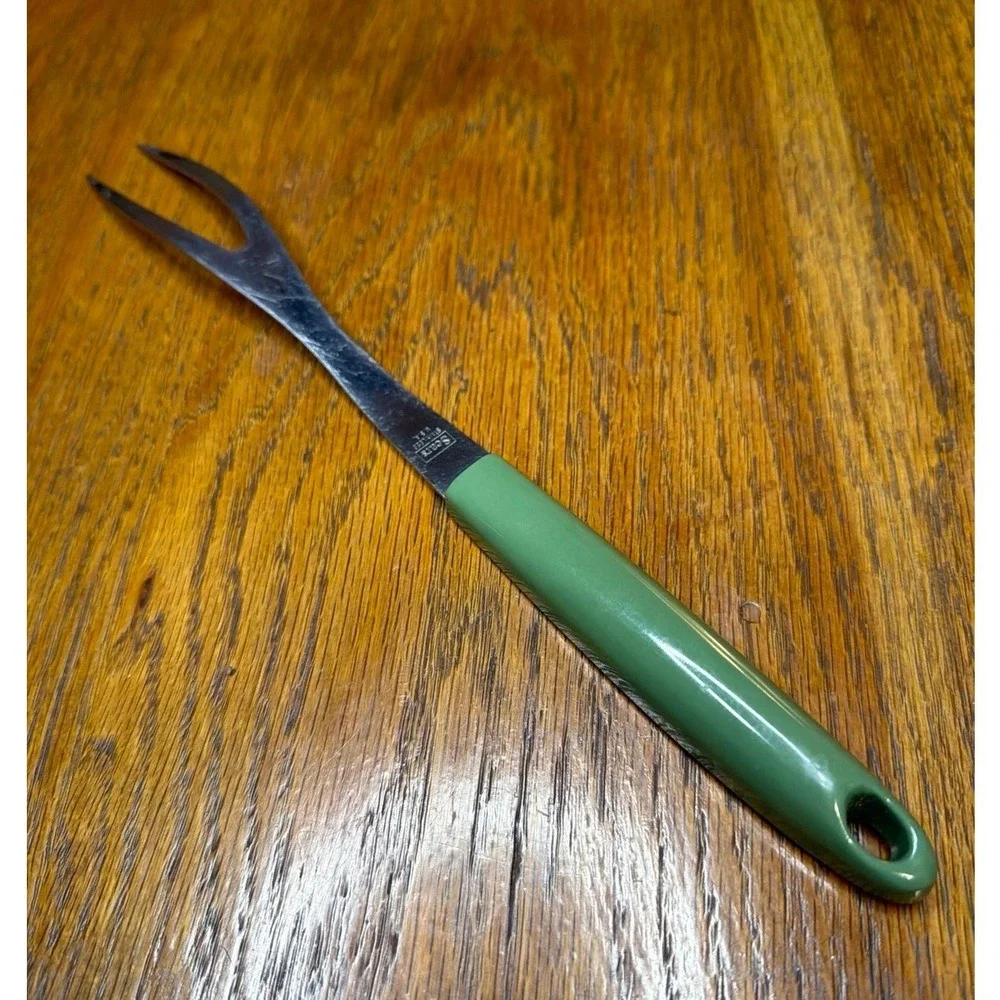 Vintage Sears Stainless Steel Meat Fork Green Handle Made in USA 2 Tine 8.75in